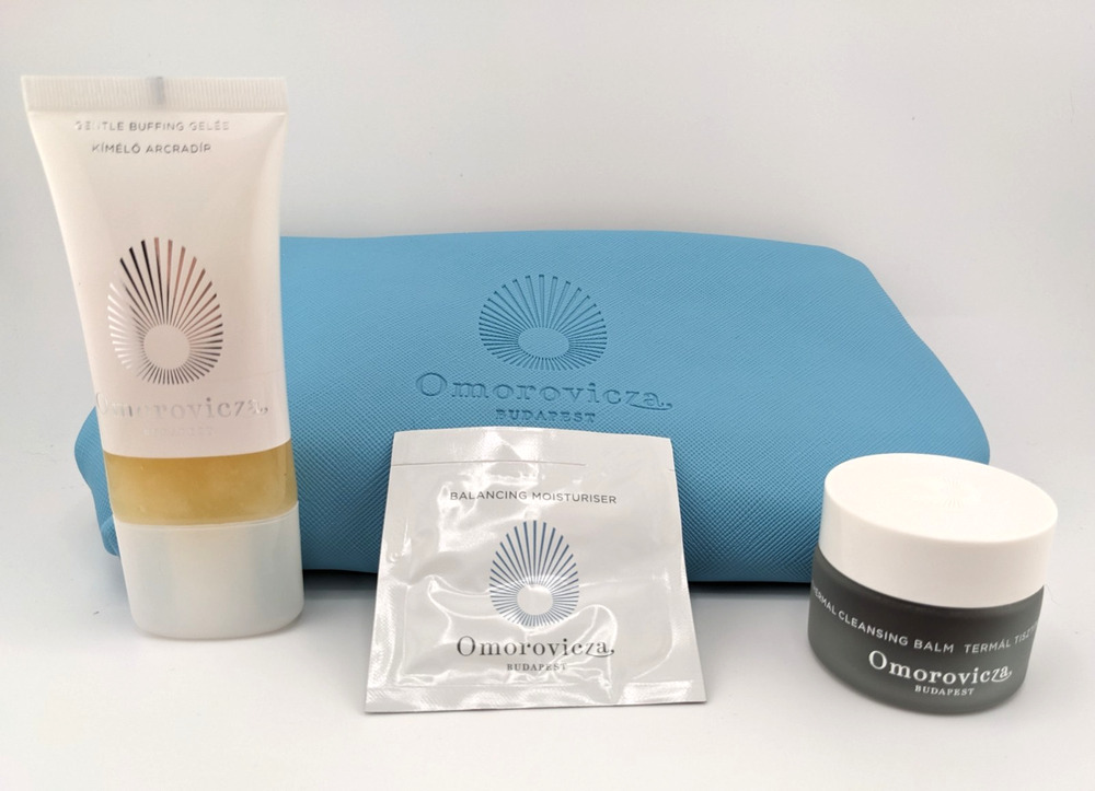 Omorovicza Budapest Baby Blue Travel Gift Set Bag, Buffing Gelee, Cleansing Balm